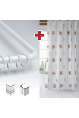 Kare Kahve Desen Banyo Perdesi Askı Hediyeli 180x200cm Tek Kanat Duş Perdesi- L Boru Hediyeli - Tropikhome