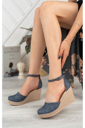 Karnıyarık-Schuhe aus marineblauem Denim mit Keilabsatz und Knöchelriemen - 3