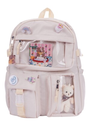 Kawaii Schulrucksack im koreanischen Stil mit Zubehör, Beige - 3