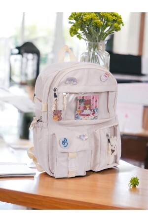 Kawaii Schulrucksack im koreanischen Stil mit Zubehör, Beige - 6