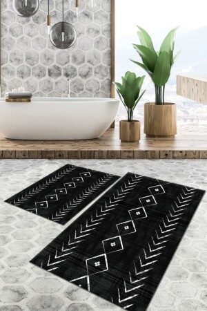 Kaydırmaz Taban Yıkanabilir Leke Tutmaz 2 Li Set60x10050x60banyo Halısı Banyo Paspası Klozet Takımı kare-5519-50x60 60x100 - 1