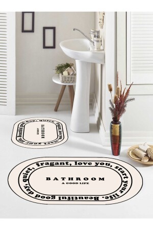 Kaymaz Taban- Banyo-paspası- Bathroom Yazılı- Estetik- Oval- 2'li Klozet Takımı - 5