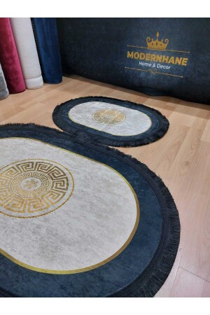 Kaymaz Taban Makinede Yıkanabilir Siyah Saçaklı Banyo Takımı Paspas Seti - Themodernhane