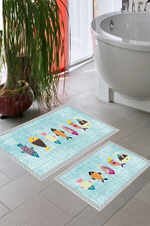 Kaymaz Taban Yıkanabilir 2 Li 60x100 - 50x60 Banyo Halısı Paspas Klozet Takımı Th010Balık - Thalia Home