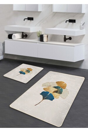 Kaymaz Taban Yıkanabilir 2’li Banyo Paspası - Gold Ginkgo Desenli 60*100 Cm - 50*60 Cm - 1