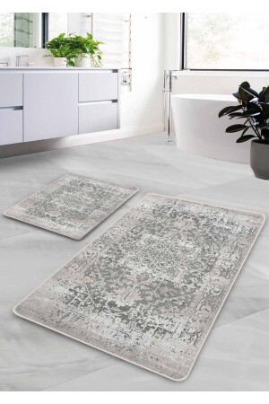 Kaymaz Taban Yıkanabilir 2’li Banyo Paspası - Gri Farmhouse Desenli 60*100 Cm - 50*60 Cm BM0197 - 1