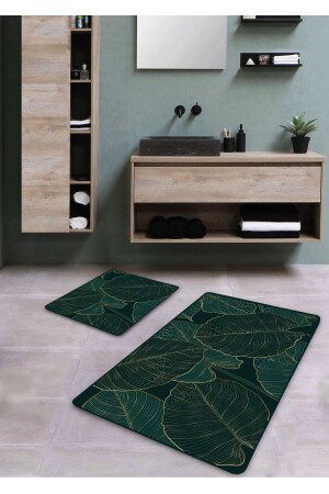 Kaymaz Taban Yıkanabilir 2’li Banyo Paspası - Koyu Yeşil Yaprak Desenli 60*100 Cm - 50*60 Cm - 1