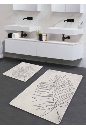 Kaymaz Taban Yıkanabilir 2’li Banyo Paspası - Minimal Yaprak 60*100 cm - 50*60 cm - 1