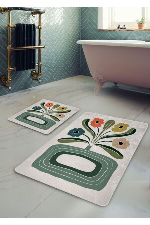 Kaymaz Taban Yıkanabilir 2’li Banyo Paspası - Vazo Desenli 60*100 Cm - 50*60 Cm - 2