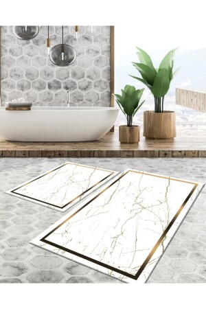 Kaymaz Taban Yıkanabilir Leke Tutmaz 2 Li Set60x10050x60banyo Halısı Banyo Paspası Klozet Takımı Banyo-5023-kare - 3