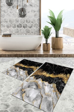 Kaymaz Taban Yıkanabilir Leke Tutmaz 2 Li Set60x10050x60banyo Halısı Banyo Paspası Klozet Takımı Banyo-5053-kare - 1