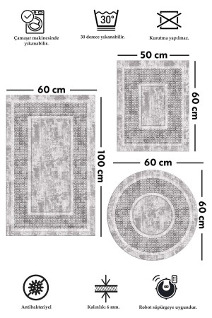 Kaymaz Tabanlı Leke Tutmaz Yıkanabilir 3lu (60x100) 2(50x60)banyo Halısı Banyo Paspası Klozet Takımı - 3