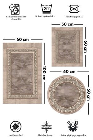 Kaymaz Tabanlı Leke Tutmaz Yıkanabilir 3lu (60x100) 2(50x60)banyo Halısı Banyo Paspası Klozet Takımı - 3