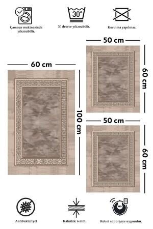 Kaymaz Tabanlı Leke Tutmaz Yıkanabilir 3lu (60x100) 2(50x60)banyo Halısı Banyo Paspası Klozet Takımı - 3