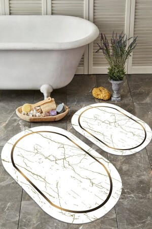 Kaymaz Tabanlı Yıkanabilir 2 Li Set 60x100 50x60 Banyo Halısı Banyo Paspası Klozet Takımı BANYO-OVAL-5023 - 1