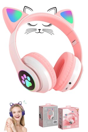 Kedi Figürlü Kulaküstü Bluetooth Kulaklık Kedicikli Patili Işıklı Bluetooth + Kablolu Kulaklik st28 kedi kulaklık - 1