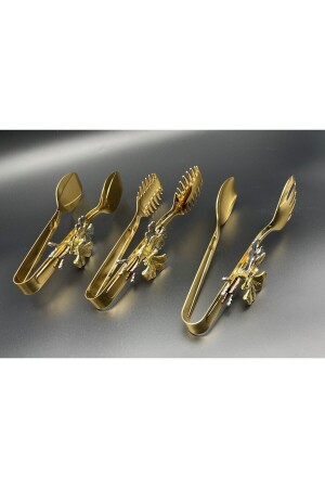 Kelebek Aksesuarlı Gold Metal Salata- Makarna- Pasta Servis - Sunum - Yemek - Maşası 3'lü Set - 5