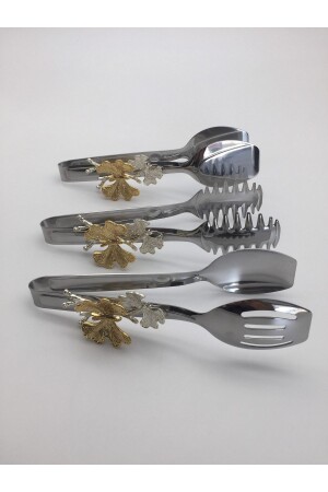 Kelebek Aksesuarlı Gümüş Metal Salata- Makarna- Pasta - Servis - Sunum - Yemek Maşası 3'lü Set - 7