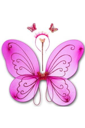 Kelebek Kanat- Asa Ve Taç 3'lü Set - Fuşya - Süsle Baby Party