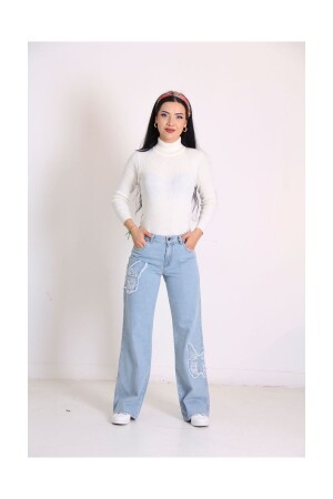 Kelebek Nakışlı Pantolon- Mavi - Vellichor