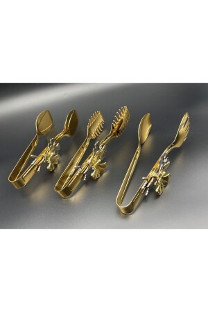 Kelebekli Gold Şık Servis Sunum Takımı Titanyum Kaplama 3'lü Maşa Seti Paslanmaz Çelik MZKB89 - 4