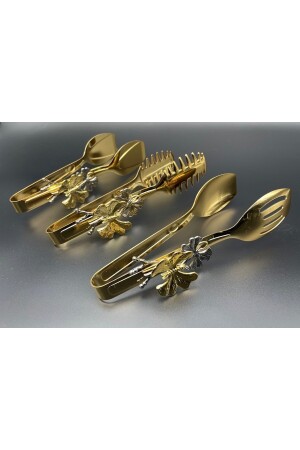 Kelebekli Gold Şık Servis Sunum Takımı Titanyum Kaplama 3'lü Maşa Seti Paslanmaz Çelik MZKB89 - 5