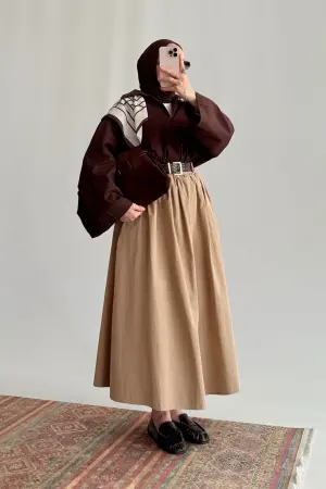 Kemerli Büzgülü Etek Bej - Nuuwears