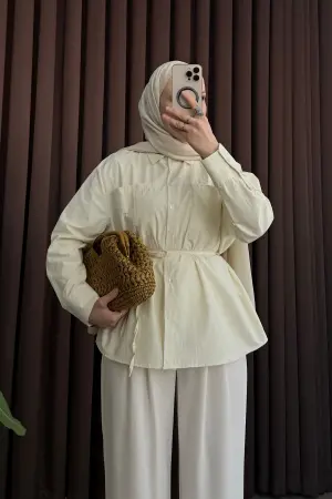 Kemerli Oversize Gömlek Ekru - Nuuwears