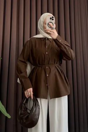Kemerli Oversize Gömlek Kahve - Nuuwears