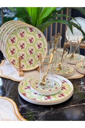 Keramik 18-teiliges modernes Minzkuchen-Teezeit-Set weiß 21 Blumen 6+ runde Kuchenplatte Mikrowelle - Onedekor