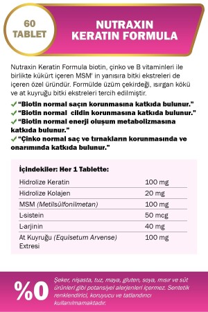 Keratin Formula 60 Tbl - Saç Bakım Vitamini Kolajen Keratin Biotin Çinko L-Arginin L-Sistein NUT2741 - 4