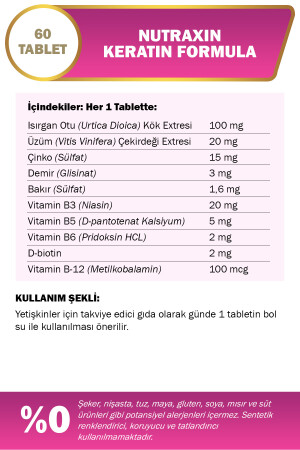 Keratin Formula 60 Tbl - Saç Bakım Vitamini Kolajen Keratin Biotin Çinko L-Arginin L-Sistein NUT2741 - 5