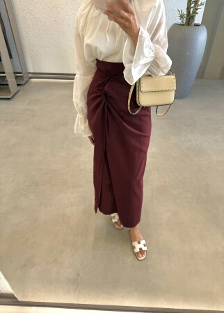 Keten Büzgülü Etek - Bordo - Duendeca