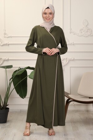 Khakifarbenes, zweireihiges Abaya-Gebetskleid mit Kragenpaspelierung und flexiblem Interlock-Stoff - 1