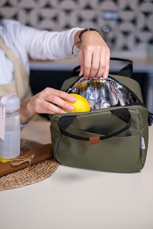 Khakigrüne, wärmeisolierte, wasserdichte Thermotasche zum Transport von Lebensmitteln, Lunchtasche mit Aufhänger - 3