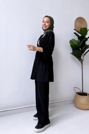 Kimono-Doppel-Hijab-Set mit Fakir-Ärmeln und Gürtel – Schwarz - 3