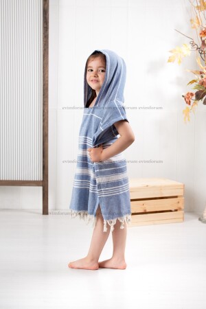 Kinder-Bademantel-Poncho aus 100 % Baumwolle, Strandtuch Peshtemal, marineblauer Poncho - 4