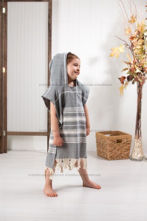 Kinder-Poncho aus 100 % Baumwolle, Strandtuch, Peshtemal, grauer Poncho - 1