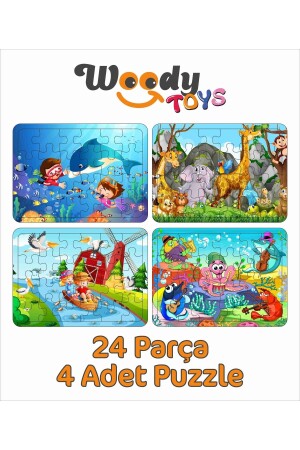 Kinderpuzzle aus Holz, 4er-Set, 24 Teile – U-Boot, Meerestiere, niedliche Tiere, Mühle, Puzzle003 - 1