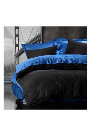 King-Size-Bettbezug-Set aus Satin mit Knopfverzierung in Schwarz und Blau battal55 - 2