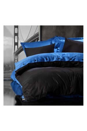 King-Size-Bettbezug-Set aus Satin mit Knopfverzierung in Schwarz und Blau battal55 - 3