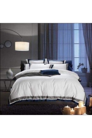 King Size Grey White Navy Blue Stripe And Cornered Cotton Satin Duvet Cover BATGBL - 2