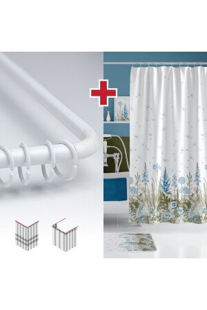 Badezimmervorhang mit Landhausmuster und Aufhänger als Geschenk, 180 x 200 cm großer einflügeliger Duschvorhang, L-Rohr mit Geschenk-L-Rohr/Vorhang-Set - Tropikhome