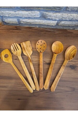 Küchenset aus Kirschbaumholz, 6-teilig, Holzlöffel, Pfannenwender, Sieb, Gabel, handgefertigt, AKS1453 - TİPUPCUP