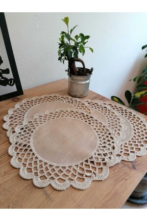 Kırışmaz Keten Kenarları El Örgülü Bej Renk Sehpa Örtüsü Masa Örtüsü Sunum Dekorasyon - Elevres