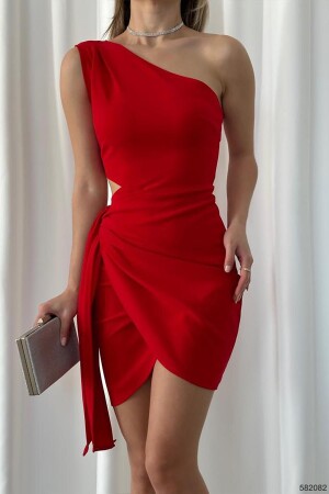 Kırmızı Asimetrik Kesim Eteği Bağlamalı Krep Kumaş Elbise - 2