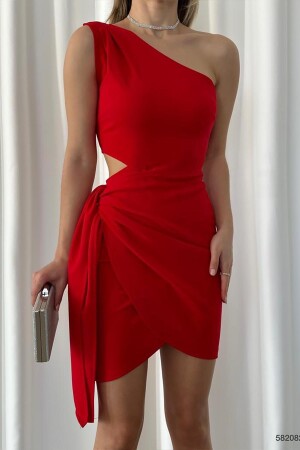 Kırmızı Asimetrik Kesim Eteği Bağlamalı Krep Kumaş Elbise - 4