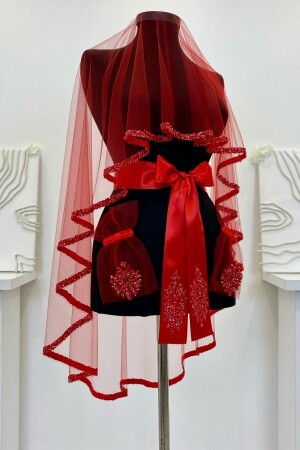 مجموعة من الحجابات العروسية من قِبل (MNZ-Red Bridal Veil Set) - حجر الزجاج والحجابات المطبوعة من قِبل (Sequin Print - Zeymerade