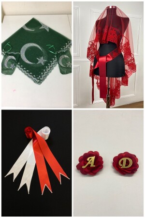 Kırmızı Gelin Duvak Seti- Damat Omuz Örtüsü Şalı- Takı Kurdele- El Gülü- 11 Parça Komple Set - Zeymerade