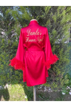 Kırmızı Kol Tüylü Kına Sabahlığı - Before To Be Bride